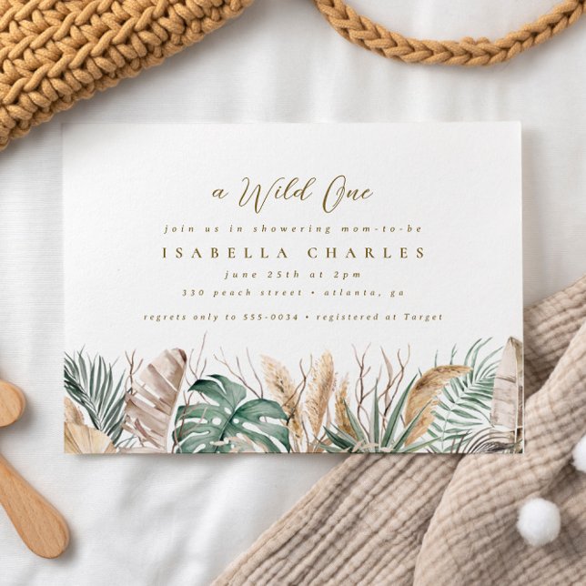 Chic Boho Safari Pampas Monstera Guld Baby Shower Inbjudningar (Skapare uppladdad)