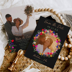 Chic boho smart vild blommor 2 foton bröllop spara datumet