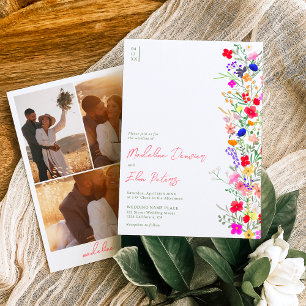Chic boho smart vild blommor 3 foton bröllop inbjudningar