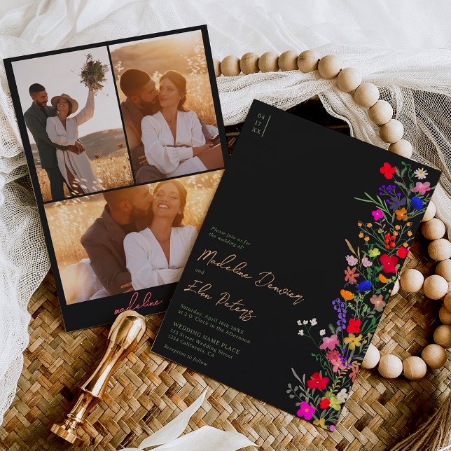 Chic boho smart vild blommor 3 foton bröllop inbjudningar (Skapare uppladdad)