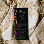 Chic boho smart vild blommor trädgårdsbröllop meny<br><div class="desc">Lägg till en liten bohemisk elegans till din bröllop-middag med den här Modern Chic Boho Bright Elegant Colorful vild blommor bröllop-menyn. Med rosa, rött, grönt och lila hues botaniska blommor som inspirerats av vilda blommor och vattenfärgade, rustiska trädgårdar med subtle grey och modern boho script typography on mörk bakgrund. Med...</div>