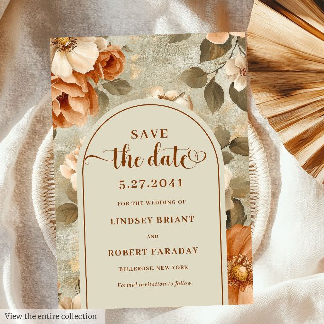 Chic Boho Terrakotta Beige Blommig Spara Datum Inbjudningar (Chic Boho Terra Cotta Beige Floral Save The Date)