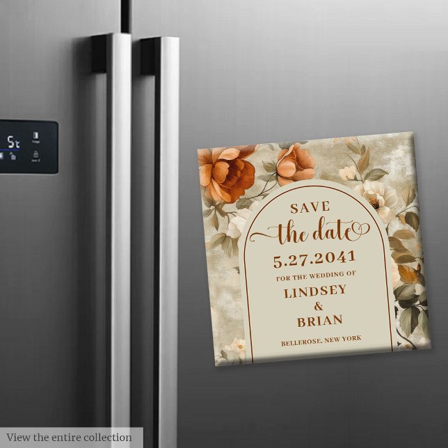 Chic Boho Terrakotta Beige Salvia Blommig Spara Da Magnet (Chic Boho Terracotta Beige Sage Floral Save Date)