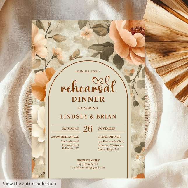 Chic Boho Terrakotta Elfenben Sageblom Rehearsal Inbjudningar (Chic Rusty Beige Olive Floral Rehearsal Invitation)