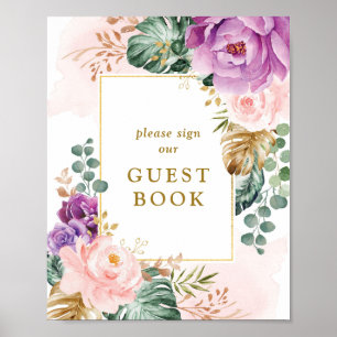 Chic Boho Tropical Flowers Bröllop Guest Bok Poster