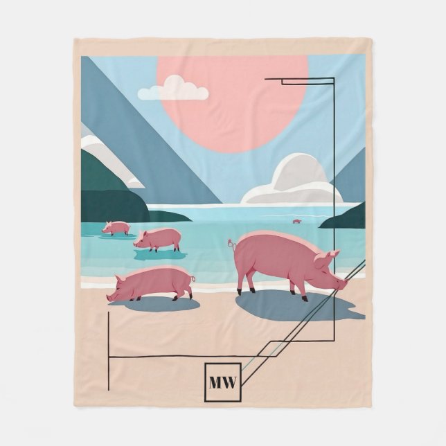 Chic boho vector grisar vid strandmonogram fleecefilt (Framsidan)