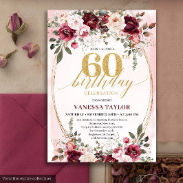 Chic Boho Vinröd Guld Blommig 60-års Födelsedagsin Inbjudningar