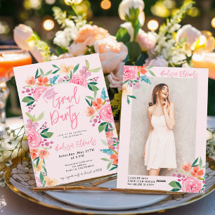 Chic Boho Watercolor Blommigt Photo Studentfest Inbjudningar