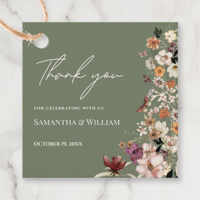Chic Boho WildblommRustic Sage Grönt Bröllop Gåvor Etiketter (Framsida)