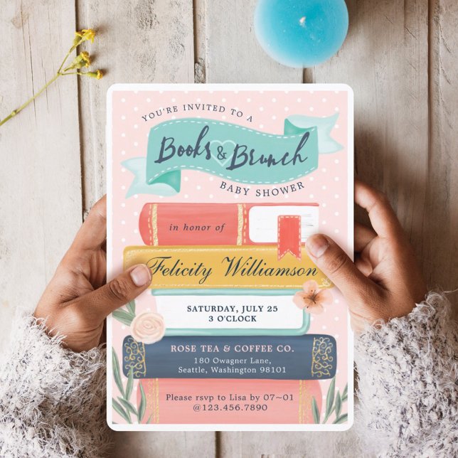 Chic Bokar & Brunch Blommigt Baby Shower-inbjudan Inbjudningar (Chic Books & Brunch Floral Baby Shower Invitation)