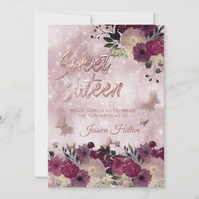 Chic bokeh Butterfly blommigt sweet sixteen Inbjudningar (Framsida)