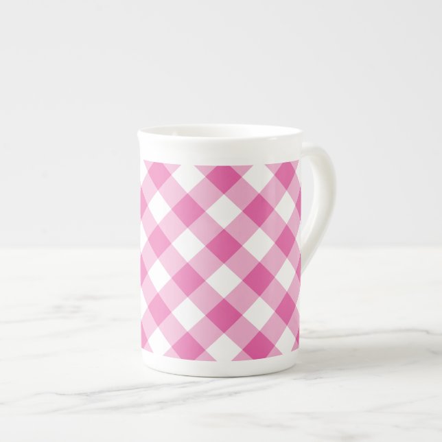 Chic Bone China Mugg: Rosa, White Check Gingham Benporslin Mugg (Framsida höger)