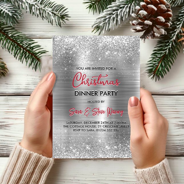 Chic borstat metall silver faux glitter jul inbjudningar (Skapare uppladdad)