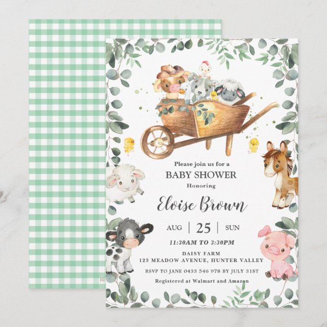 Chic Boskap Barnyard Greenery Baby Shower I Inbjudningar (Fram/baksida)