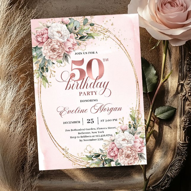 Chic Botanical Blush 50th Birthday Party Invites Inbjudningar (Chic Botanical Blush 50th Birthday Party Invitation)