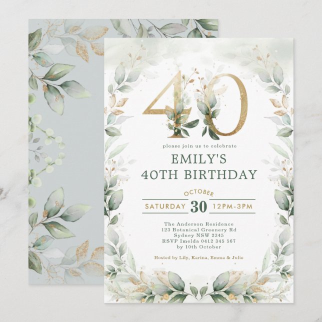 Chic Botanical Grey Guld Garden 40:e födelsedagen Inbjudningar (Fram/baksida)