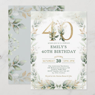 Chic Botanical Grey Guld Garden 40:e födelsedagen Inbjudningar