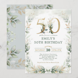Chic Botanical Grey Guld Garden 50:e födelsedagen Inbjudningar