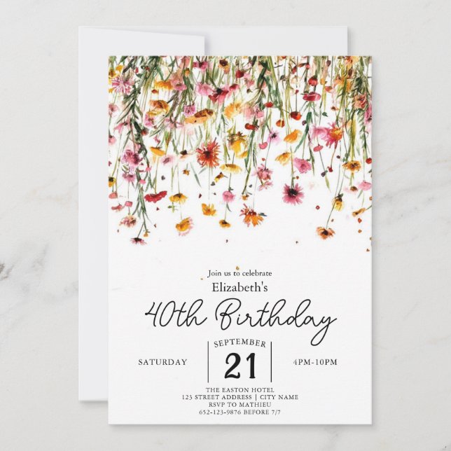 Chic Botanical Wildbloms 40-årsdag Inbjudningar (Framsida)