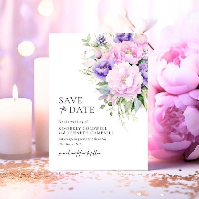 Chic Botanisk Rosa Lavender Violet Bröllop Spara Datumet (Chic Botanical Pink Lavender Violet Wedding Save The Date)