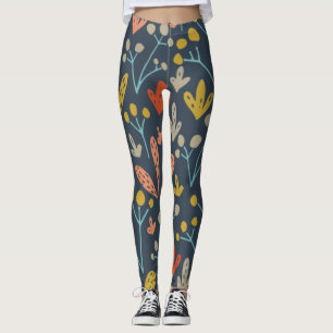 Chic Botaniskt Illustration Orange Gult Mönster Leggings