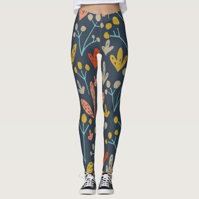 Chic Botaniskt Illustration Orange Gult Mönster Leggings (Framsida)