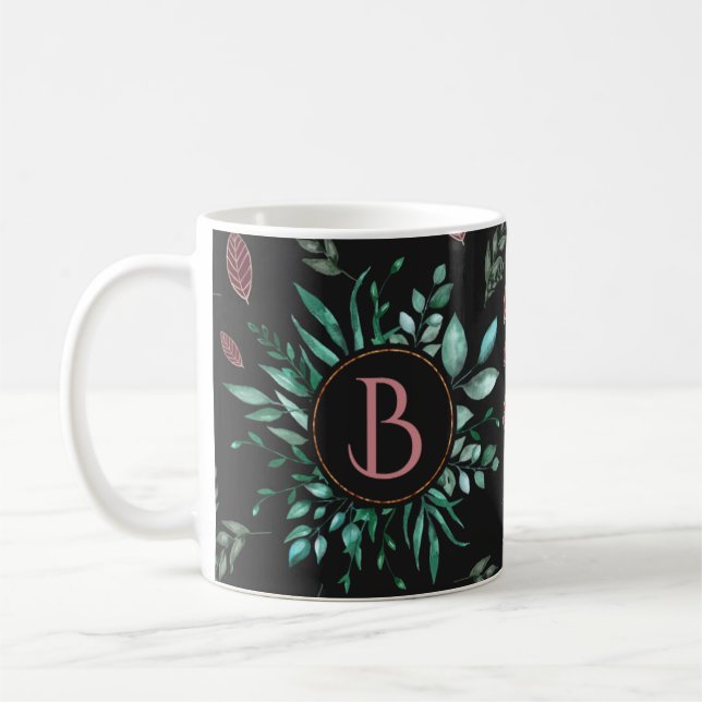Chic botaniskt monogram i Grönt, Vin-Red & Black Kaffemugg (Vänster)