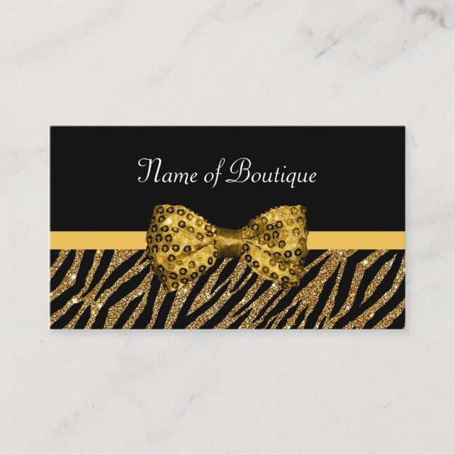Chic Boutique Guld Zebra tryck FAUX Glitz Bow Visitkort (Framsida)