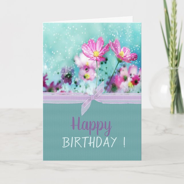 Chic Bow Flowers Meadow Birthday Kort (Framsida)