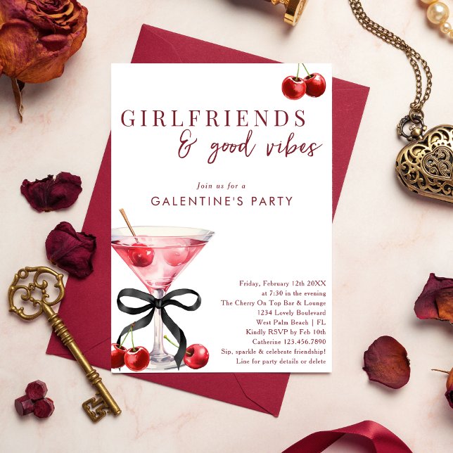 Chic Bow Körsbärs Martini Galentines Middagsparty Inbjudningar (Skapare uppladdad)