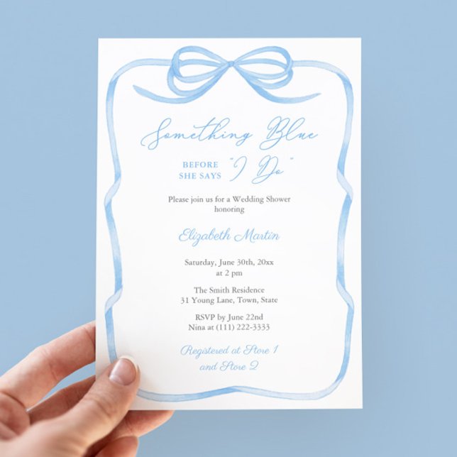 Chic Bow något blått innan jag gör Möhippa Inbjudningar (Something Blue Before I Say I Do light blue coquette bow theme bridal shower party invitation)