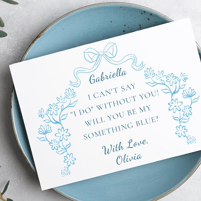 Chic Bow Något Blue Crew Brudens sida Frieri Kort (Propose to your bridesmaids with this beautifully designed floral bow 'Something Blue' card.)