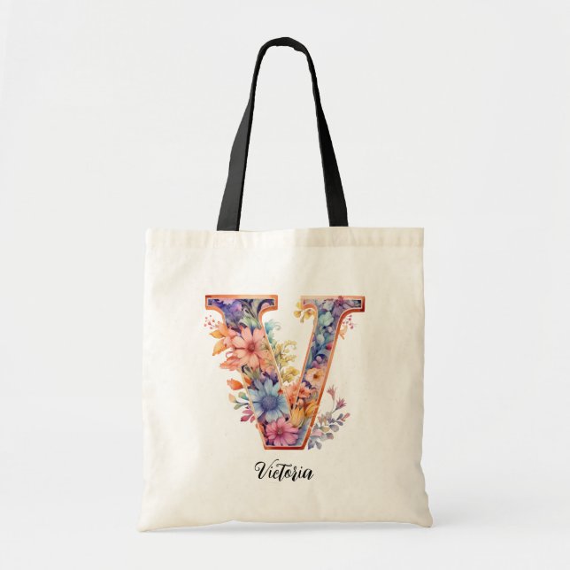 CHIC BREV V | Whimsique Blommigt Brev Monogram Tygkasse (Framsidan)