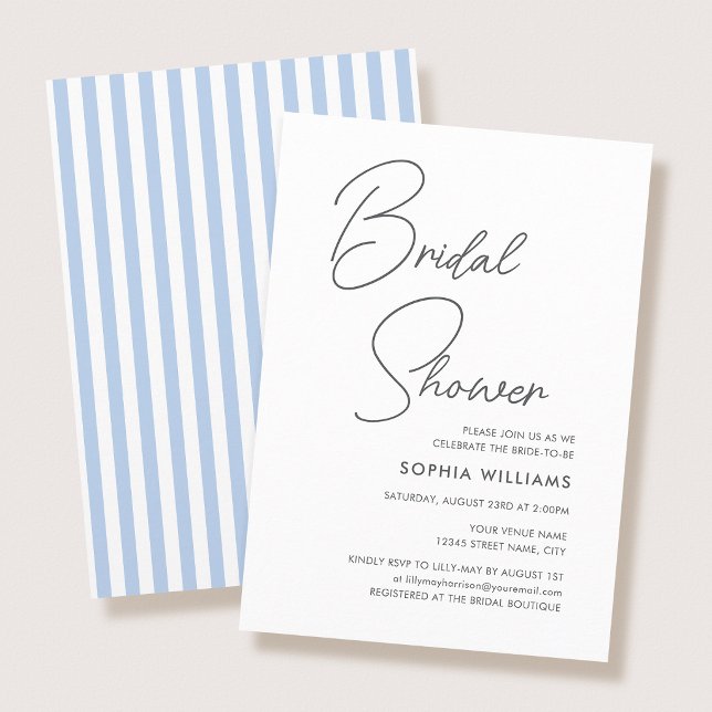 Chic Bridal Shower Modern Script Blue Stripes Inbjudningar (Skapare uppladdad)