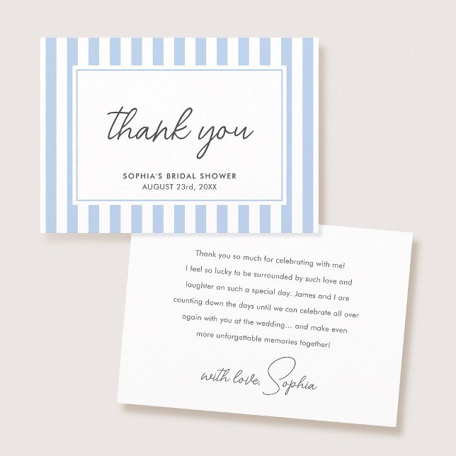 Chic Bridal Shower Modern Script Blue Stripes Tack Kort (Skapare uppladdad)
