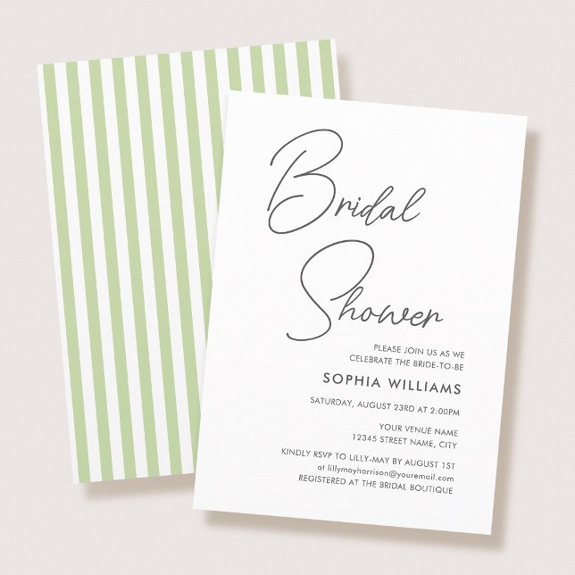 Chic Bridal Shower Modern Script Green Stripes Inbjudningar (Skapare uppladdad)