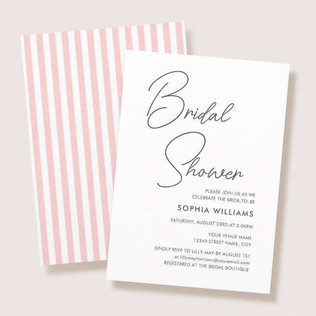 Chic Bridal Shower Modern Script Pink Stripes Inbjudningar (Skapare uppladdad)