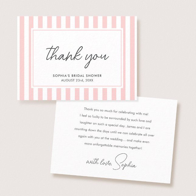 Chic Bridal Shower Modern Script Pink Stripes Tack Kort (Skapare uppladdad)