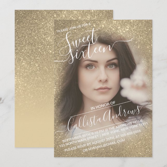 Chic Bright Guld Glitter Ombre Photo Studenten Inbjudningar (Fram/baksida)