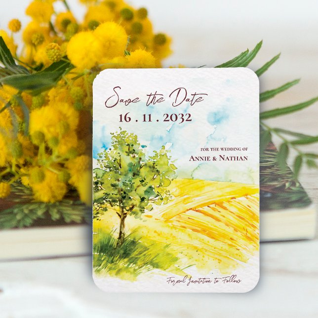 Chic Bright Gult Farmland Landskap Bröllop Magnet (Chic Bright Yellow Farmland Landscape Wedding Invitation Magnet)