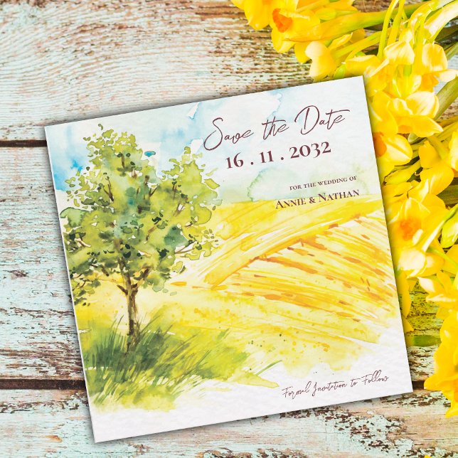 Chic Bright Gult Farmland Landskap Bröllop Meddelande (Chic Bright Yellow Farmland Landscape Wedding Announcement)