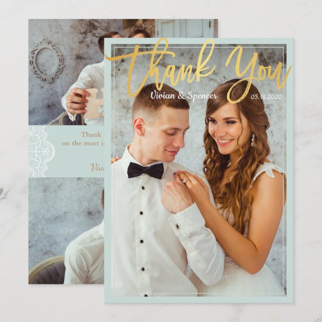 Chic Bright Mint Faux Guld-skript, foto-Tack Tack Kort (Fram/baksida)