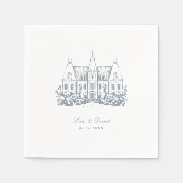 Chic Bröllop Napkins | Chateau Venue Sketch Pappersservett (Framsidan)