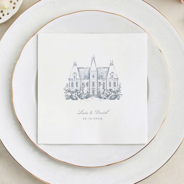 Chic Bröllop Napkins | Chateau Venue Sketch Pappersservett (Skapare uppladdad)