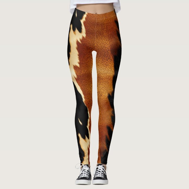 Chic Brown Black Cream Western Cowhide Leggings (Framsida)