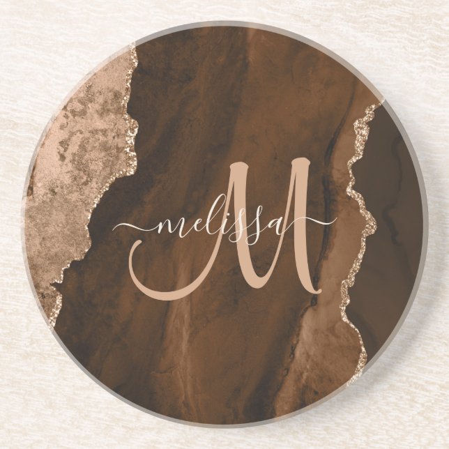 Chic Brown  Glitter Agate Anpassningsbar Monogram Underlägg (Framsidan)