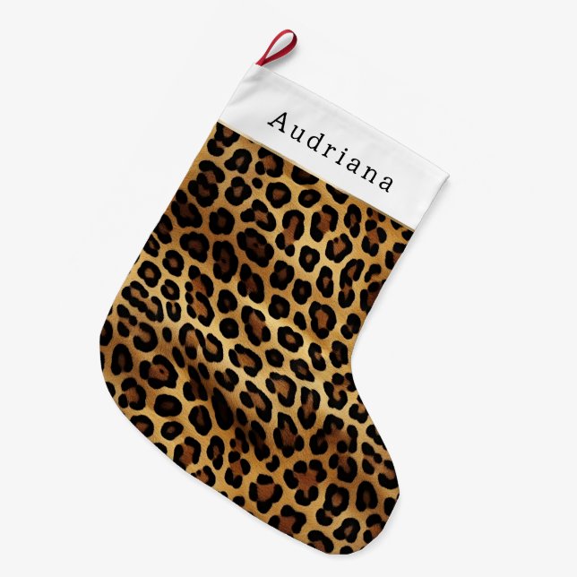 Chic Brown Gold Leopard Animal Print Christmas  Stor Julstrumpa (Framsidan (Hängande))