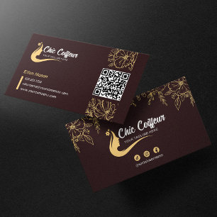 Chic Brown Guld Blommigt Hairstylist Beauty QR Cod Visitkort