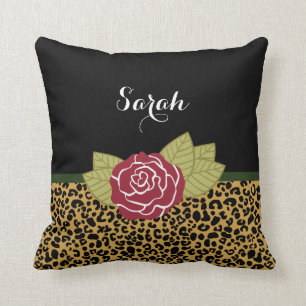 Chic Brown Guld Leopard Skriv ut Röd ros med Namn Kudde