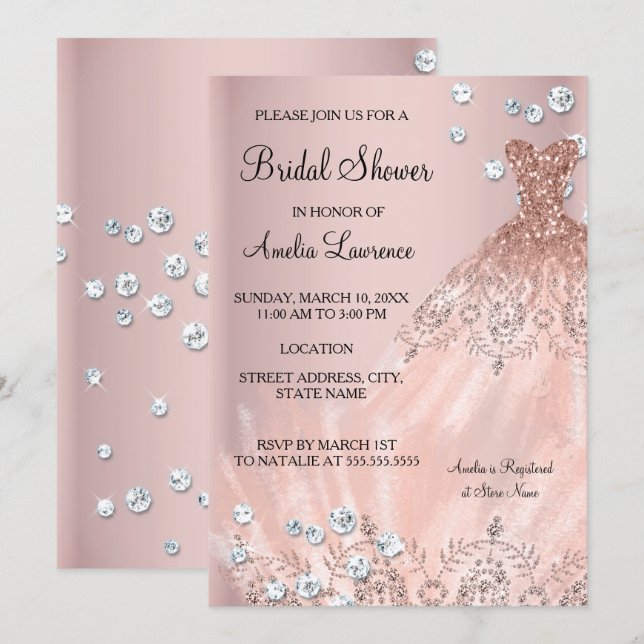 Chic brud rosa klänning Diamant Bröllopsdusch Inbjudningar (Fram/baksida)